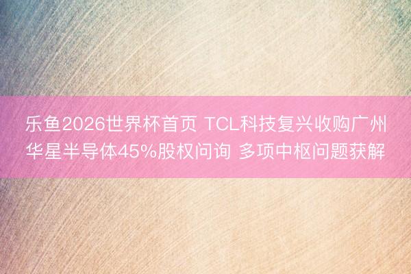 乐鱼2026世界杯首页 TCL科技复兴收购广州华星半导体45%股权问询 多项中枢问题获解